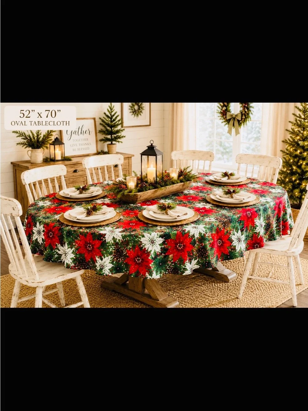 Vintage 60’s Oval Rustic Poinsettia Fabric Tablecloth. Christmas | Holiday